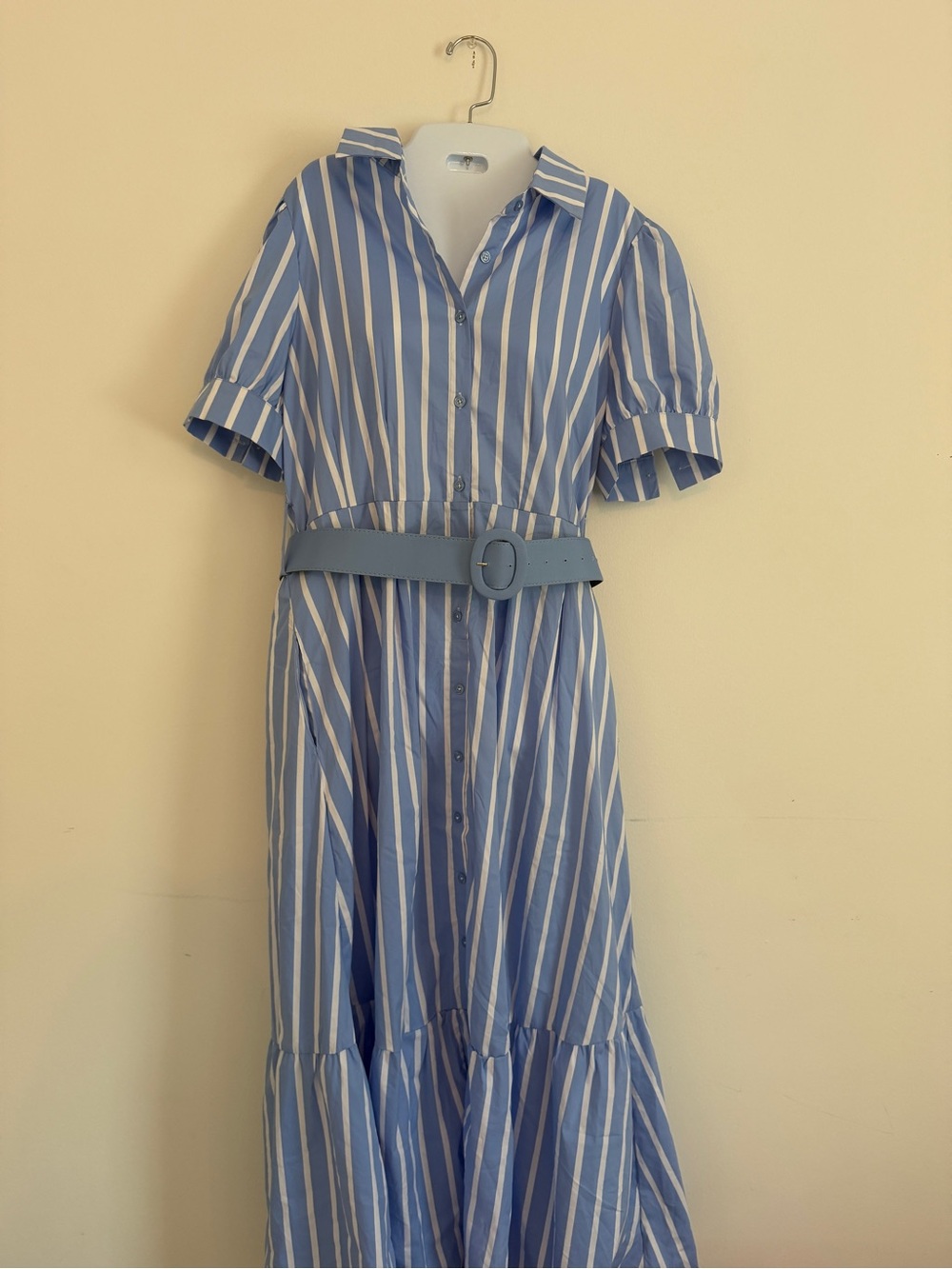 Blue and White Striped Maxi Shirt Dress with Belt
